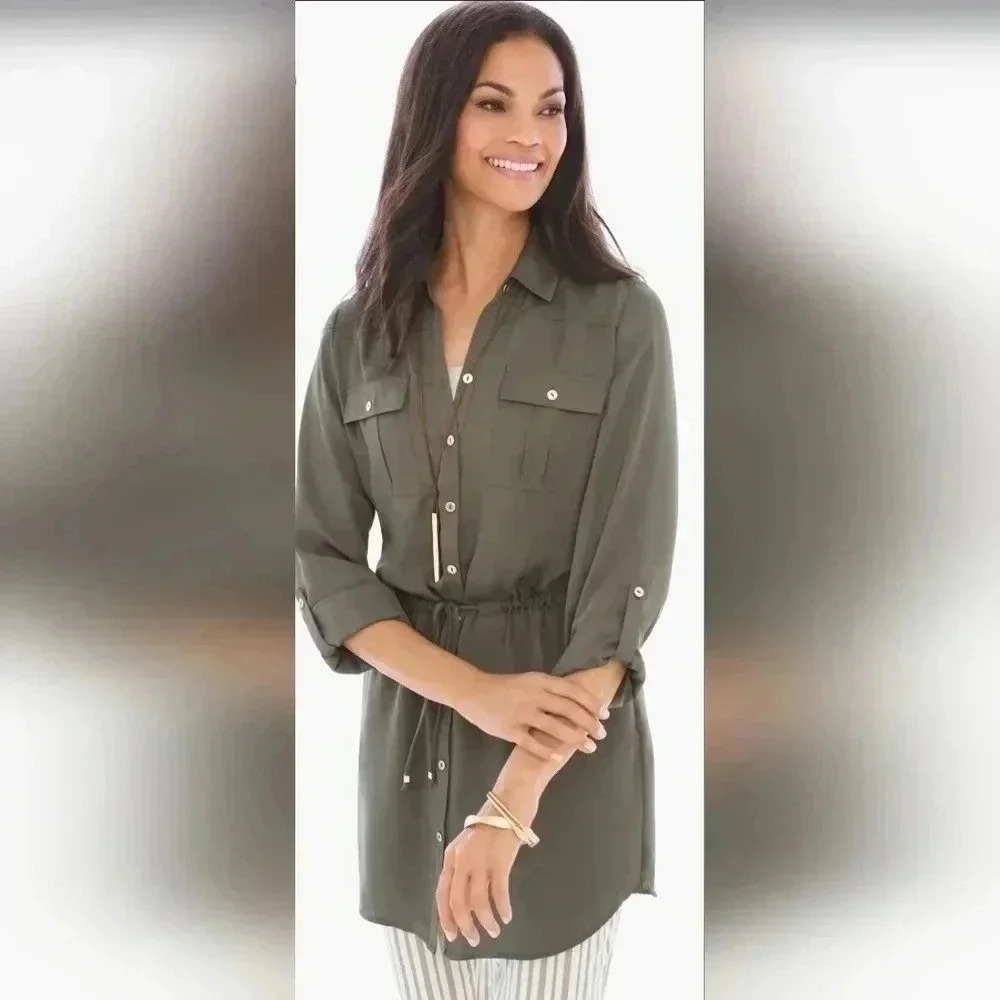 CHICOS Olive Woven Utility Shirt, button down, roll tab sleeve, size 1